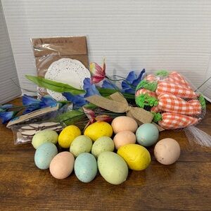 Variety Easter Spring Decorations Items Eggs Flowers Carrots Doilies Lot 50+ PCs